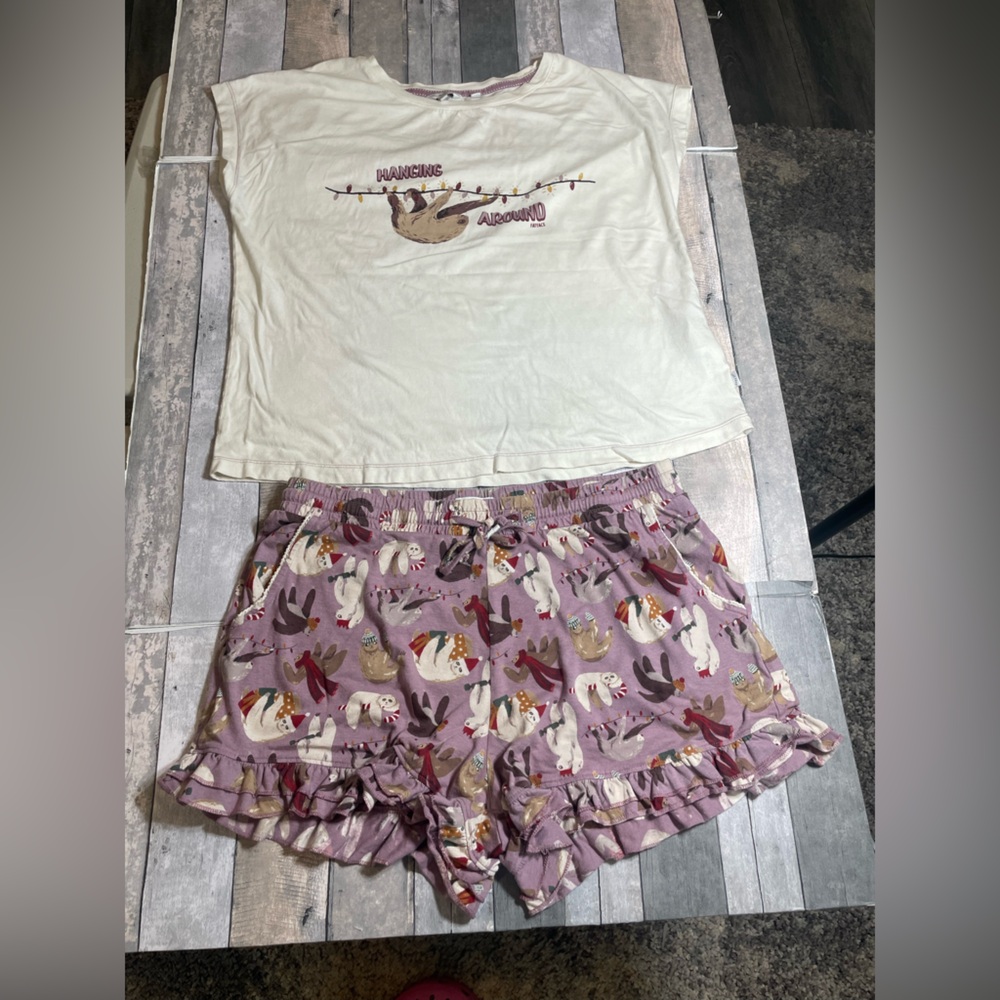 Fat Face Cream and Purple Sloth Pajama Set Size 10